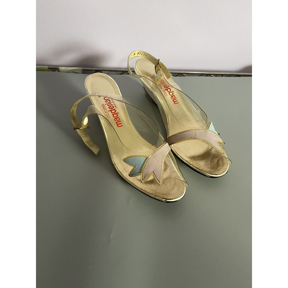 Vintage 80's California Magdesians Shoes Clear Vinyl Strap back Wedge Size 9N